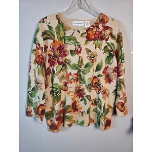 Alfred Dunner Womens XL Floral Knit Sweater Long Sleeve Crew Neck Beige Office